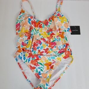 Ellen Tracy  Floral Ruffle One Piece Swimsuit Bright Multicolor Tiered Summer